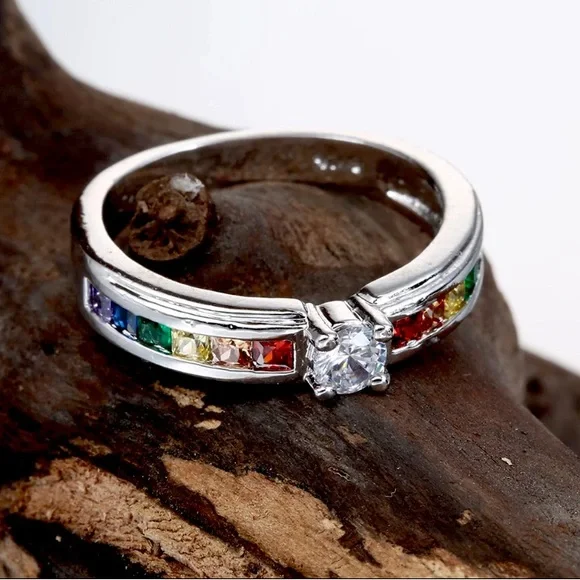 NEW 925 COLORFUL RAINBOW SQUARE GEM
BAGUETTE STONE RING - Picture 4 of 5